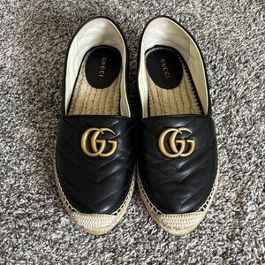 Gucci Black and Gold Espadrille Loafers